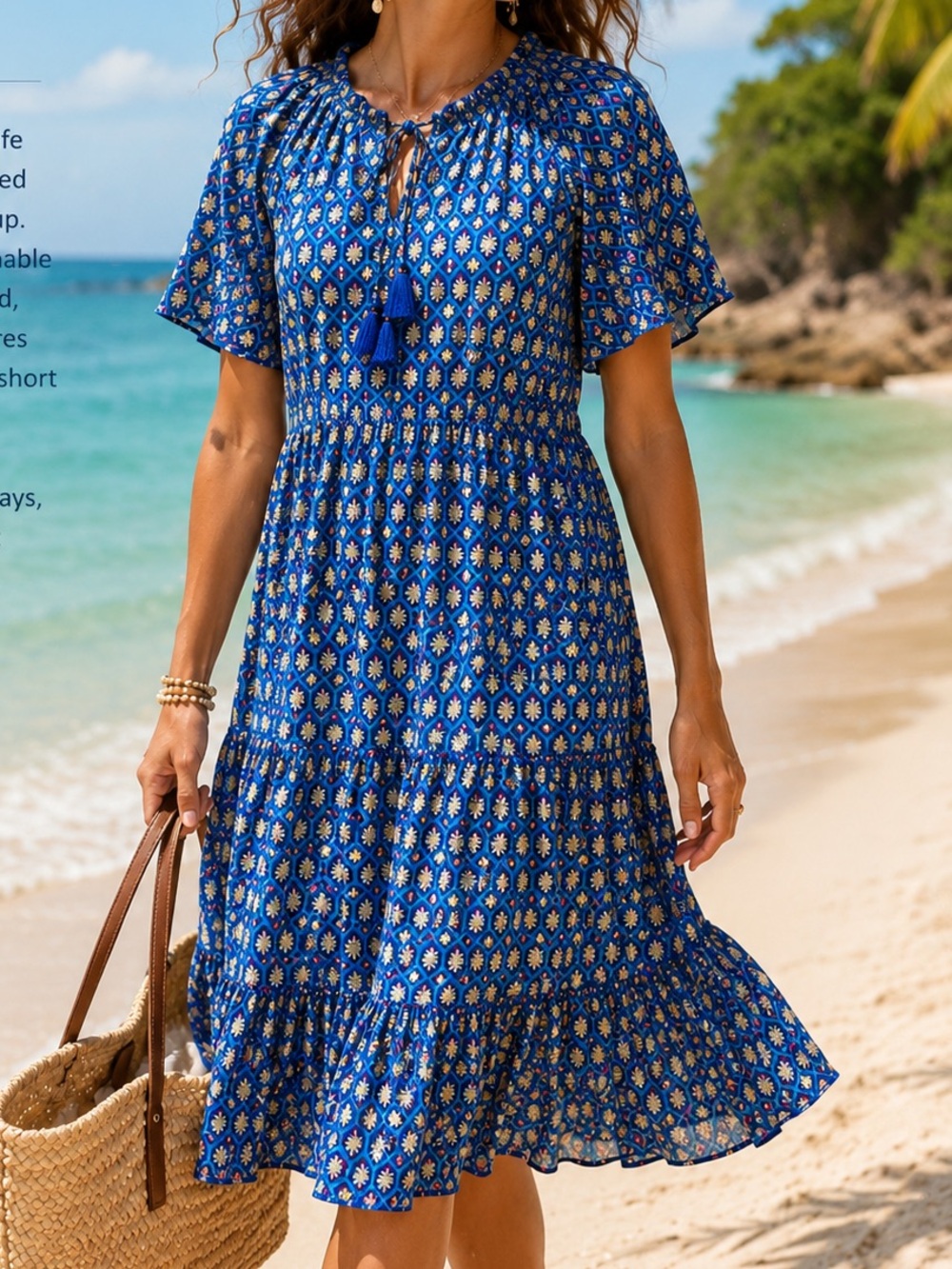 Cabana Life Blue Gold Print Tassel Dress Swim Cover Up Size M Beach Resort